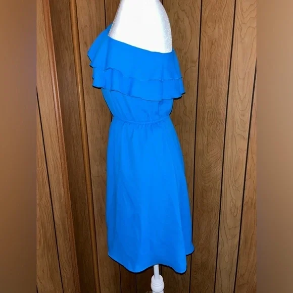 AYLA one shoulder mini blue ruffle dress size small - Picture 2 of 8